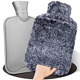 HAOCEE Bouillotte Eau Chaude,2L Grande Bouillotte Moelleuse, Bouillottes Avec Poche Kangourou, Bouillotte Chaude Chauffe Main/Ventre/Cou, Bouillote Antifuite (Gris foncé)