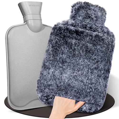 HAOCEE Bouillotte Eau Chaude,2L Grande Bouillotte Moelleuse, Bouillottes Avec Poche Kangourou, Bouillotte Chaude Chauffe Main/Ventre/Cou, Bouillote Antifuite (Gris...