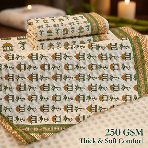 Image of Mafatlal Madhuban Cotton Waffle Set (1 Bath 147x76 cm + 2 Hand 76x38 cm) | 250 GSM | Lightweight, Quick Dry Floral | Online Lime