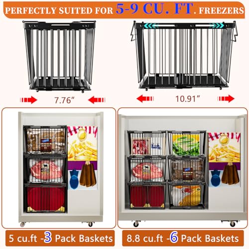 Image of Large Freezer Organizer Bins,Upgraded Bottom Leak-Proof net,Fit 5 to 9 Cu Ft Chest Freezer,3 Pack, Expandable Stackable Chest Freezer Containers with Handle (Black-3Pack)