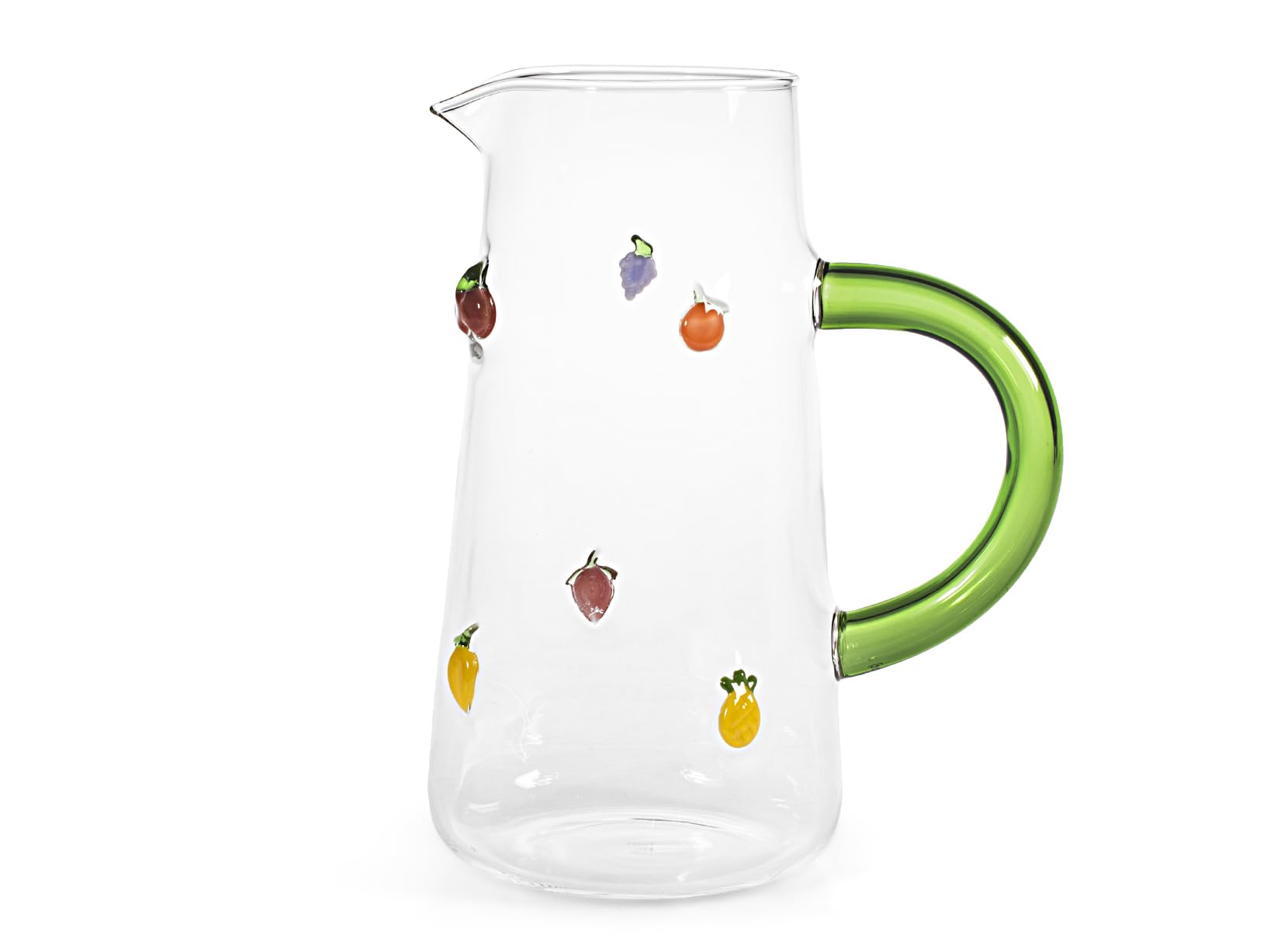 H&H, Borosilicate Glass Jug 1.6L with Assorted Fruity External Miniatures - Cherries, Strawberry, Grape, Lemon, Peach, Pineapple - Green Handle - Dishwasher Safe