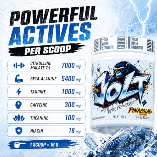 Image of GIBBON JOLT Fierce Pre-Workout 400g | 7000mg Citrulline, 5400mg Beta-Alanine, 300mg Caffeine, 1000mg Taurine | Zero Sugar, 25 Servings, Vegetarian, Gluten Free | Cola Flavour