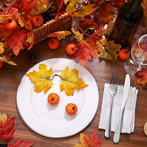 Artificial Maple Leaves Garland, 2 Packs Artificial Autumn Garland Fall Hanging Plant with 8 Pcs Artificial Pumpkins for Thanksgiving Day Wedding Party Fireplace Decor