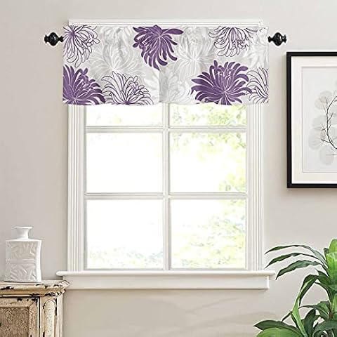 Hostline Valances Curtains for Living Room Abstract Flower Purple Gray and White Dahlia Semi Sheer Valance for Windows Cover
