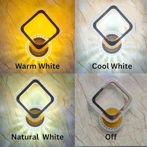 Image of GreyWings Golden LED Wall Light for Home, 3 Color Modes, Warm White, Cool White, Natural White, Modern Acrylic Crystal Wall Lamp for Bedroom, Living Room, Pack of 1