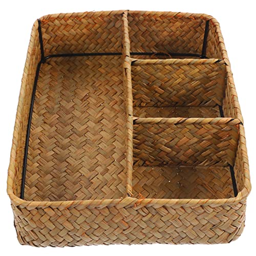 CIYODO Desktop Storage Basket Coffee Container Cosmetic Basket Seagrass Storage Basket Woven Baskets Wicker Storage Baskets Woven Hamper Small Storage Basket Wicker Basket Seaweed Yellow