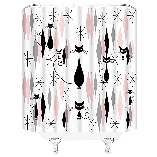 2Pcs Mid Century Black Cat Shower Curtain Set With Rug Atomic Starbursts Cat Modern Abstract Geometric Iconic Pattern 1950S Vintage Funny Black Pink Fabric Bathroom Curtains Decor Set With Hook #TOP4