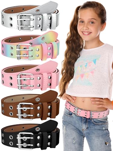 5 Pcs Girls Belts with Holes Kids PU Double Grommet Leather Waist Belts Kids for 6-12 Year Girl Boy Jeans Pants