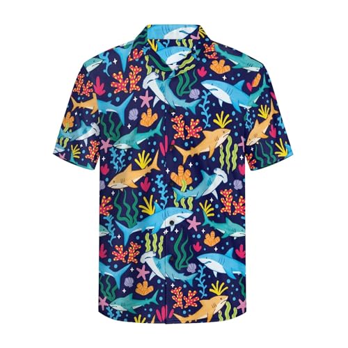Cumagical Men's Shirt Shark Coral Graphic Daily Summer Button Down Animal Shirts Streetwear Date Travel Collar Button Up Short Sleeves Navy Shirt for Men