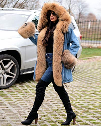 Tiptupu Womens Winter Thicken Fur Lined Coats Parka Anorak Overcoat Long Hooded Denim Jackets Plus Size #TOP5