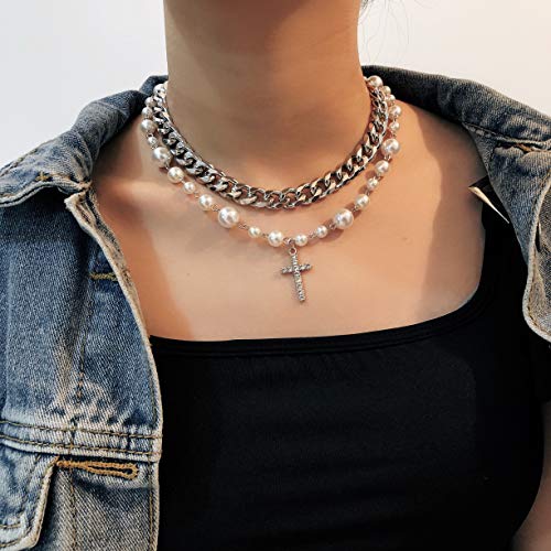 Pearl Cross Necklace for Women Silver Layered Crystal Cross Pendant Punk Chain Choker Necklace Dainty Jewelry4