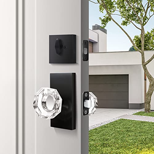 Hiemey Octagon Glass Crystal Door Knobs And Single Cylinder Deadbolt Set Matte Black, #TOP1