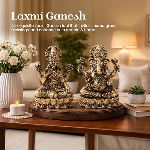 Image of Habere India-All the Cultures Fabricating India Brass Lakshmi Ganesh Idol Set for Pooja Room | Pure Brass Lakshmi Ganesh Murti for Home | Decorative Statue for Mandir (Design01: L3.5 x W2.5 x H5 cm)