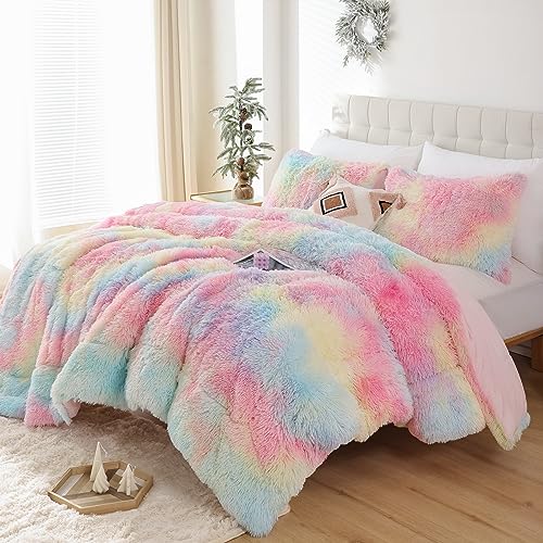 Smoofy Fluffy Queen Comforter Set, Faux Fur Pink Comforter Set Queen Size, Luxury Fuzzy Bedding Set, Soft Shaggy Bed Set for All Season, 3 Pieces - 1 Comforter & 2 Pillowcases, Tie-Dye Pink