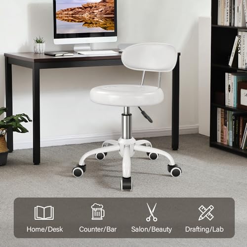 Image of WKWKER Rolling Stool with Wheels Swivel Stool with Back Height Adjustable Chair PU Leather Rolling Chair Ideal for SPA Salon Home Office Drafting Work (White)