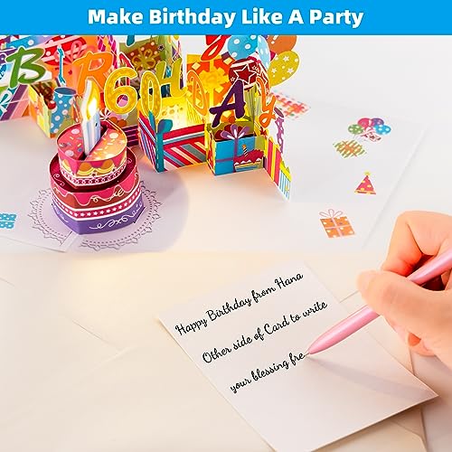 Image of 60th Pop-Up Musical Birthday Card, Blowable LED Candle for Women and Men
