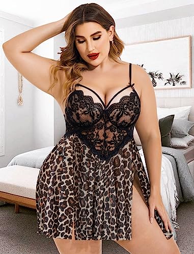 Image of Avidlove Plus Size Lingerie Lace Babydoll Womens Strap Chemise Nightgown V Neck Nighty Mesh Sleepwear Side Slit Nightdress