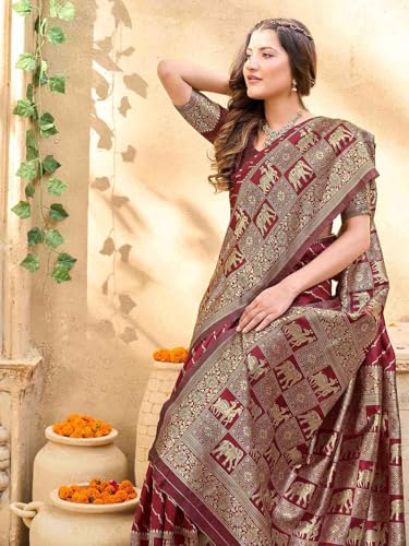 Image of Satrani Women's Silk Banarasi Weaving Saree with Unstitched Blouse Piece