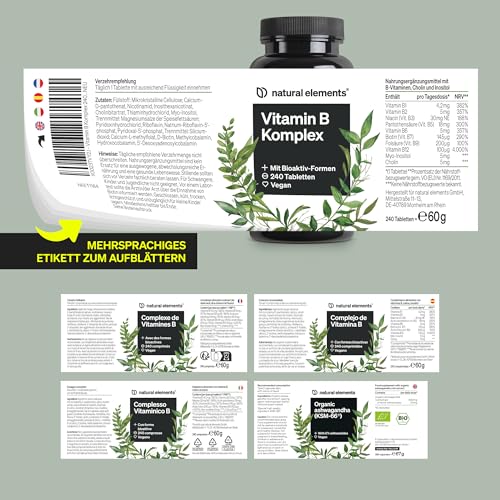 natural elements Vitamin B Komplex – 240 Tabletten – mit 8 essenziellen B-Vitaminen & Kofaktoren – mit Bioaktiv-Formen – vegan, hochdosiert – laborgeprüft