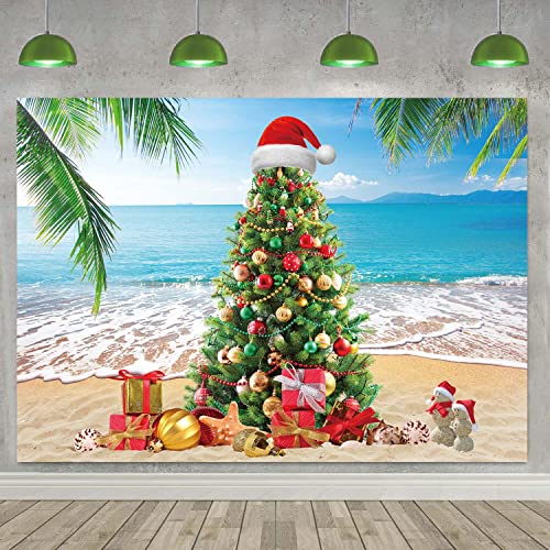 July Christmas Backdrop Banner Summer Christmas Tree Photography Background Tropical Beach Xmas Palm Leaves Blue Sky Ocean Family Holiday Party Photo Backdrop (7X5FT(82x59inch))