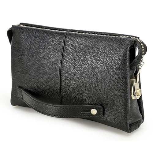 Image of Top Grain Genuine Leather Clutch Wallet Bag for Man & Woman, Handmade Retro Design, Combination Lock & Retractable Strap & Multi Pockets /Slots, Portable RFID for Cards /Checks /Phone /Banknote, Black