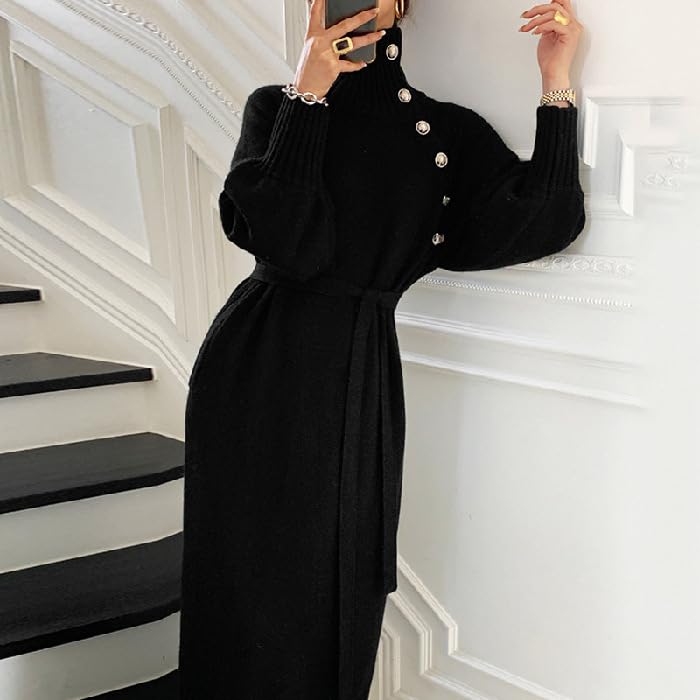 Women's Long Sleeve Turtleneck Sweater Dresses Button High Neck Cable Ribbed Knit Maxi Bodycon Dresses with Belt2