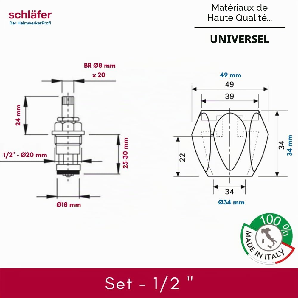 Schläfer 4502816 | Bouton, Poignée pour Groupe Robinet Évier, Kit de Rechange Robinet Salle de Bain et Cuisine Universel, Paire de Poignées en métal CHAUD et FROID avec Tiges Mécaniques 1/2" G - diam