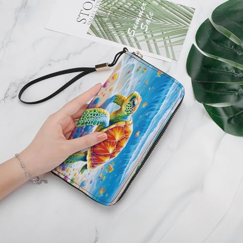 Ocean Animal Sea Turtles Leather Wallet Fashion Bifold Purse Long Pouch with Wrist Strap for Men Women4