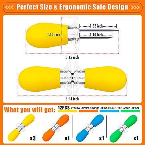12 Pcs/6 Pairs Corn Holders, Stainless Steel Corn Cob Holders Corn on The Cob Skewers for BBQ Twin Pin Sweetcorn Holders, Interlocking Design Corn Skewers Forks for Home Cooking BBQ,4 Colors