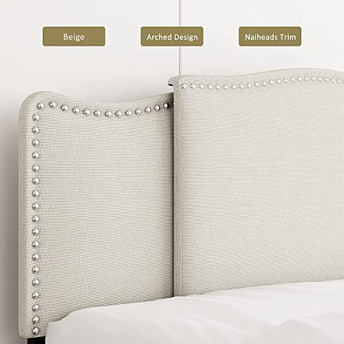 Kotpop Linen Headboard, Upholstered Arched Headboard With Nailheads Trim Platform, Mid-Rise Breathable Fabric Headboard With Adjustable Height For Queen/King Bed, Beige #TOP3