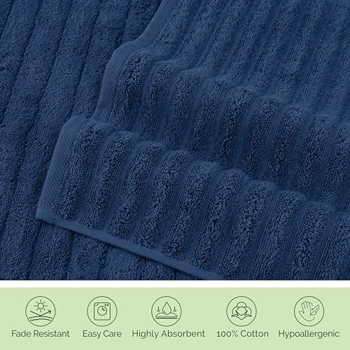 Image of Elegant Comfort Luxury 100% Turkish Cotton Corduroy Ribbed 4 Pack Hand Towel Set 16 x 28 Inch - Absorbent, Super Soft, Quick Dry, Premium Towels for Bathroom, Gym, Spa and Hotel Use, Navy
