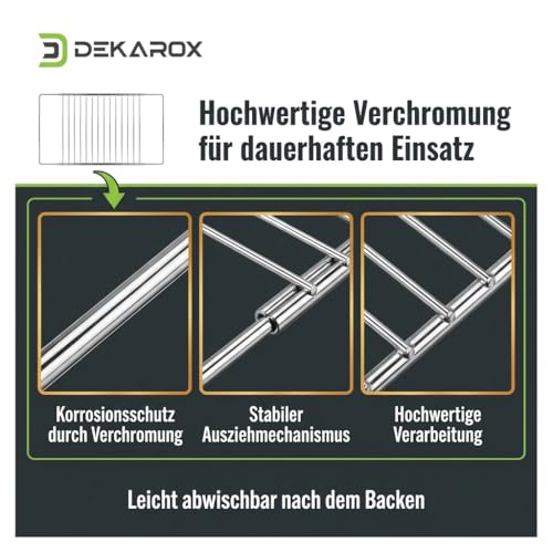 DEKAROX Backgitter Universal Ausziehbar 38–64 cm × 30,7 cm – Verchromt, Rostfrei, Passend für Bosch, Siemens, AEG, Neff & viele mehr