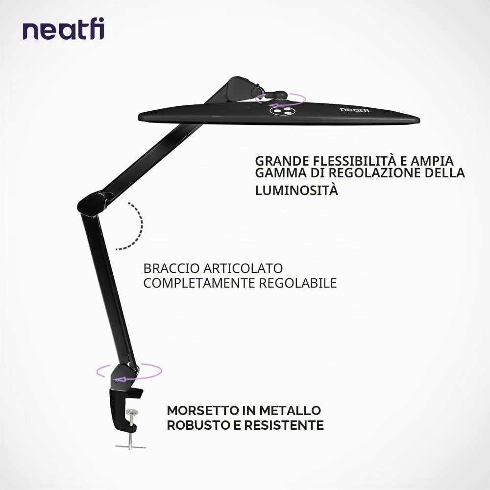 Neatfi Lampada da lavoro Elite HD XL lampada da scrivania luminosa, illuminazione Eye-Care, funzione di regolazione non polare (Nero)