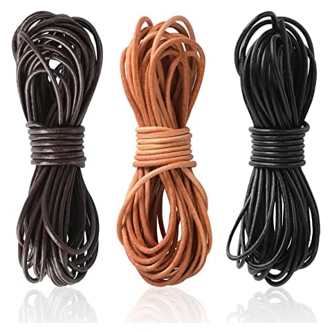SOSMAR 3 Rolls 5.5 Yard X 2MM Cowhide Round Leather Cords Rope String for Jewelry Making Bracelet Necklace Jewelry Making Lanyards DIY Crafts, Black, Dark Brown, Natural Brown Genuine Leather Cord Cover