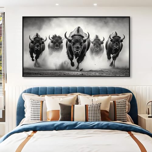 Kewhush RUNNING621566 Running Bisons Canvas Wall Art, Bison Canvas Wall Art, Black And White Animals Canvas Wall Art, Bison Painting, Buffalo Poster thumb #2