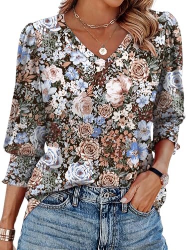 SAMPEEL 3/4 Length Sleeve Womens Tops Dressy Casual Blouses V Neck T Shirts with Smocked Cuffs