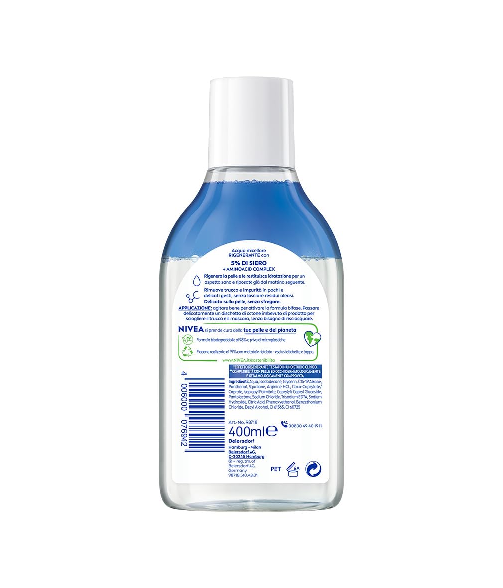 NIVEA Regenerująca woda micelarna, 400 ml, środek do demakijażu twarzy i oczu z 5% serum + kompleks aminokwasowy, oczyszcza twarz, oczy i usta bez spłukiwania dla zmęczonej i wrażliwej skóry