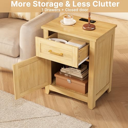 Image of Decofy Rattan Nightstand Set of 2 with Charging Station, Drawer and Cabinet