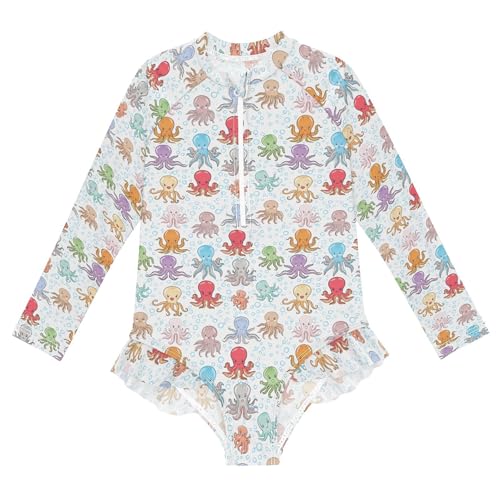 Cute Octopuse Girls Long Sleeve Rashguard Swimsuit UV Protection One-Piece Swimwear Bathing Suit B0404161