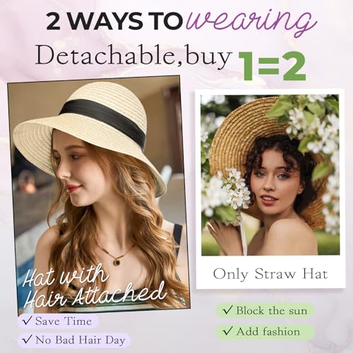 Sombrero de sol con extensiones de cabello sintético desmontable miniatura 5
