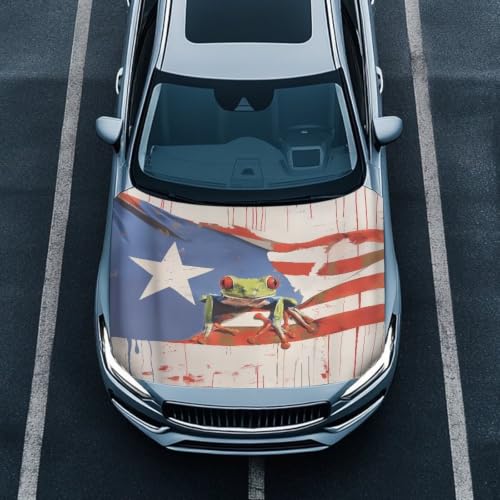 Image of Puerto Rico Flag Car Hood Cover Protector for SUV Sedans Trucks 59x39 Inch Stretchable Car Hood Wrap Blankets Waterproof Sun Proof Auto Patriotic Decorations