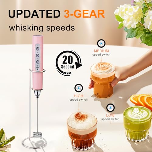 Image of YUSWKO Pink Handheld Milk Frother Wand with Stand for Coffee, Rechargeable Electric Whisk with 3 Heads 3 Speeds Drink Mixer Coffee Frother For Latte, Cappuccino, Hot Chocolate, Egg