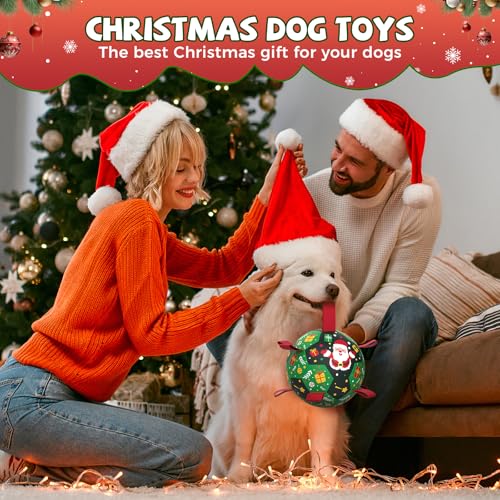Image of QDAN Christmas Dog Toys: Soccer Ball with Straps for Outdoor Play, Tug of War- Dog Birthday Gift, 8 Inch Balls for Medium & Large Dogs