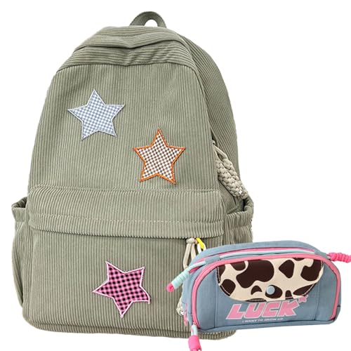 Stars Star Patch Backpack with Chic Case for Women Korean Corduroy Large Capacity Bag Daypack for Travel Sport (Khaki,Large)
