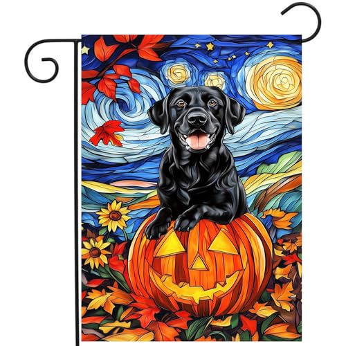 Stained Glass Black Lab Fall Garden Flag Halloween Pumpkin Yard Signs Autumn Sunflower Thanksgiving Banner for Outside 12x18 Double Sided Small Labrador Dog Outdoor Decorative