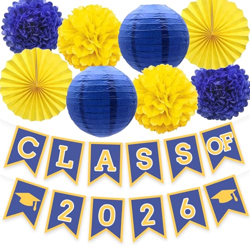 Image of Blue Yellow Graduation Party Decoration Class Banner Hanging Pom Poms Flowers High School College Grad Supplies