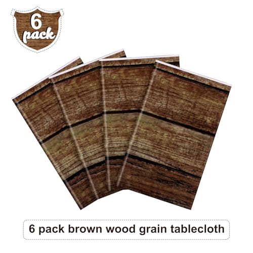 Image of Irenare 6 Pcs Brown Wood Grain Tablecloths Rustic Plastic Table Covers for Rectangle Table, Vintage Farmhouse Tablecloth Decorations for Western Barn Birthday Wedding (54 x 108 Inches)