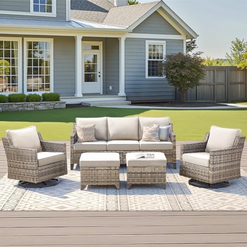 AMCLOBA Outdoor Patio Furniture Set-5 Pieces All-Weather Wicker Outdoor Furniture with Swivel Patio Chairs Outdoor Patio Conversation Set for Garden Porch Deck Grey/Beige