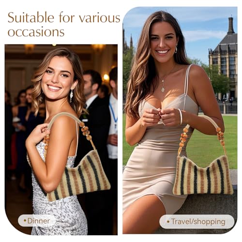 Image of Small Straw Shoulder Bag for Women, Woven Summer Handbag with Wooden Beaded Handle Vacation Purse