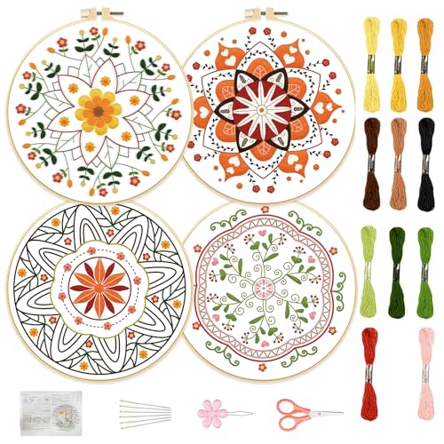 Image of FREEBLOSS 4 Set 8'' Embroidery Kit for Beginners Mandala Pattern Embroidery Kit with Instructions Full Kit of Embroidery Cloth 2 Embroidery Hoops 11 Colors Flosses